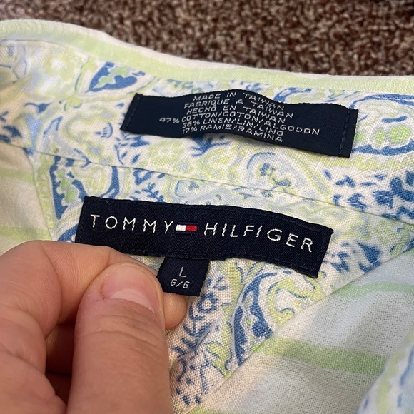 Y2K vintage Tommy Hilfiger Men's cotton/linen/ramie white + lime green Striped L - Picture 3 of 10